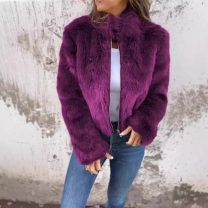 Veste en peluche col montant avec fermeture éclair, idéale pour l'hiver