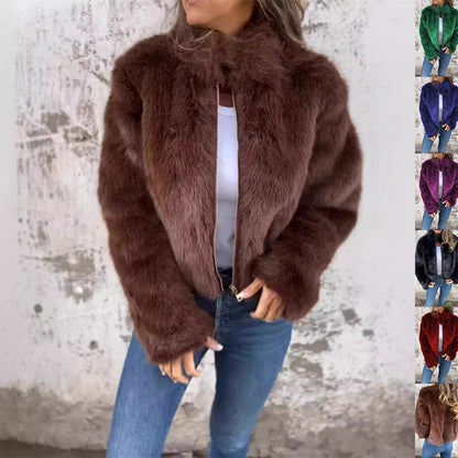 Veste en peluche col montant avec fermeture éclair, idéale pour l'hiver