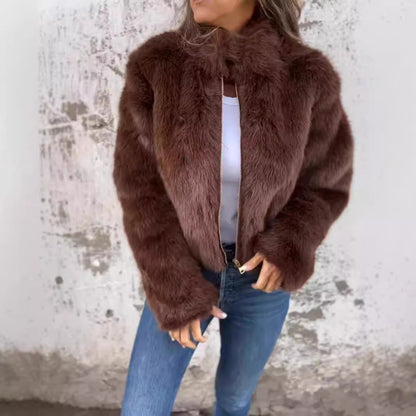 Veste en peluche col montant avec fermeture éclair, idéale pour l'hiver